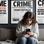 **

A person sitting on a couch, looking overwhelmed by news headlines on a smartphone. The headlines mention crime, accidents, and natural disasters. The scene has a desaturated color palette, emphasizing feelings of anxiety and stress. The background includes subtle shadows suggesting a sense of unease.

**