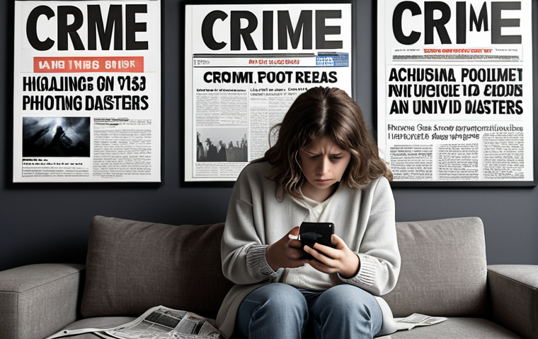 **
A person sitting on a couch, looking overwhelmed by news headlines on a smartphone. The headlines mention crime, accidents, and natural disasters. The scene has a desaturated color palette, emphasizing feelings of anxiety and stress. The background includes subtle shadows suggesting a sense of unease.
**