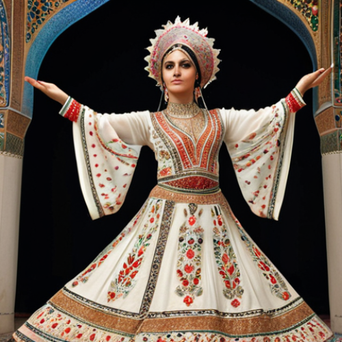 **

"A Raqs-e Melli dancer in a lavish, embroidered costume, gracefully moving with flowing arms and hands expressing subtle emotions. The background should evoke a sense of Persian elegance and pride, perhaps with hints of traditional Iranian architecture."

**