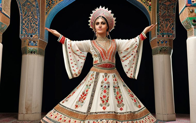 **
"A Raqs-e Melli dancer in a lavish, embroidered costume, gracefully moving with flowing arms and hands expressing subtle emotions. The background should evoke a sense of Persian elegance and pride, perhaps with hints of traditional Iranian architecture."
**