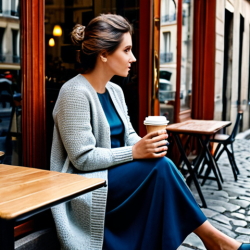 **Prompt:** A thoughtful woman in a Parisian cafe, fully clothed in a stylish dress and cardigan, sipping coffee and looking out the window. Soft, natural light, cobblestone street view, appropriate attire, safe for work, professional photography, perfect anatomy, natural proportions, family-friendly.