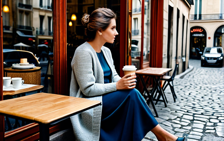 **Prompt:** A thoughtful woman in a Parisian cafe, fully clothed in a stylish dress and cardigan, sipping coffee and looking out the window. Soft, natural light, cobblestone street view, appropriate attire, safe for work, professional photography, perfect anatomy, natural proportions, family-friendly.