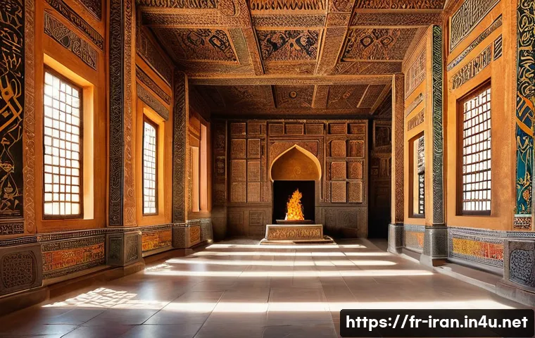 이란의 종교적 다양성 - **A Zoroastrian Fire Temple in Yazd, Iran.** The scene depicts the interior of a majestic, ancient f...