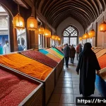 이란 유명 관광지 - A bustling traditional Iranian bazaar scene in Tabriz, showcasing vibrant stalls filled with colorfu...