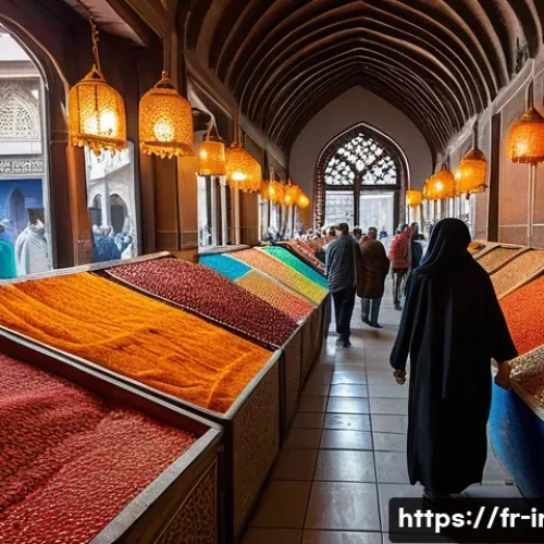 이란 유명 관광지 - A bustling traditional Iranian bazaar scene in Tabriz, showcasing vibrant stalls filled with colorfu...