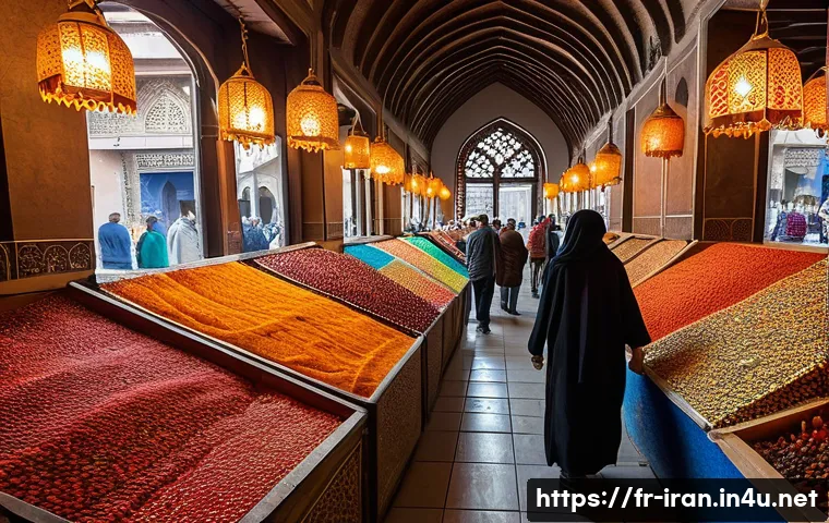 이란 유명 관광지 - A bustling traditional Iranian bazaar scene in Tabriz, showcasing vibrant stalls filled with colorfu...