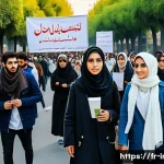 Home 19 이란의 최근 정치 시위 - A diverse group of young Iranian protesters in an urban street setting during daylight, wearing mode...