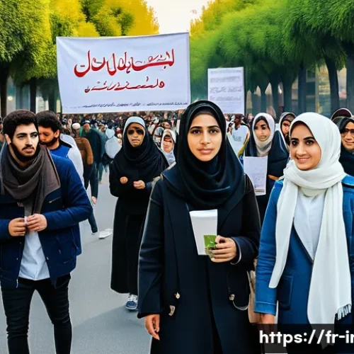 Home 31 이란의 최근 정치 시위 - A diverse group of young Iranian protesters in an urban street setting during daylight, wearing mode...