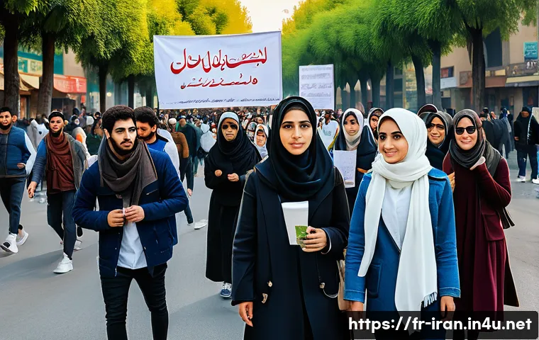 이란의 최근 정치 시위 - A diverse group of young Iranian protesters in an urban street setting during daylight, wearing mode...