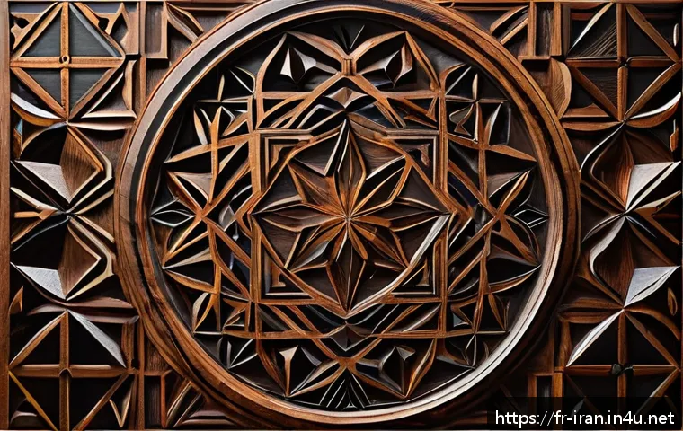 이란의 전통 공예 - A highly detailed close-up of traditional Iranian geometric motifs carved on dark walnut wood, showc...