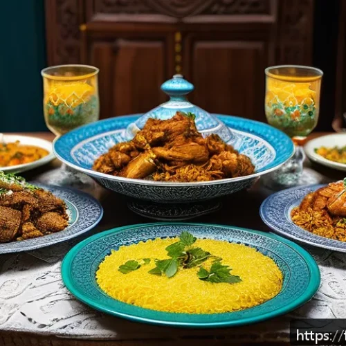 Home 17 이란 금기 음식과 음료 - A vibrant Iranian traditional dining scene featuring a richly decorated table with colorful plates o...