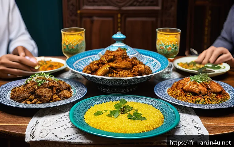 이란 금기 음식과 음료 - A vibrant Iranian traditional dining scene featuring a richly decorated table with colorful plates o...