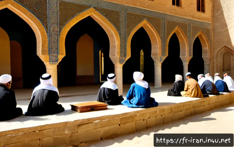 Home 30 이란의 고등교육 역사 - Photorealistic historical scene of early Iranian higher learning, scholars and students in modest tr...